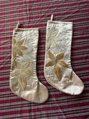 Vintage Gold Floral Embroidered Holiday Stockings - Set of 2